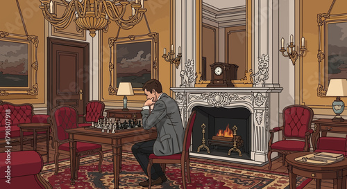 Elegant Man Enjoys Chess in Luxurious Setting by Fireplace with Paintings Art
