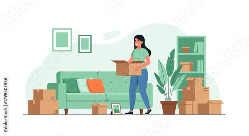Woman packing cardboard boxes in a new apartment during the moving process