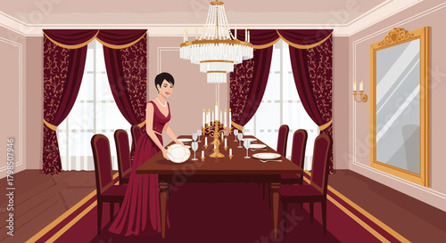 Elegant formal dining scene with server placing plates on exquisitely set table