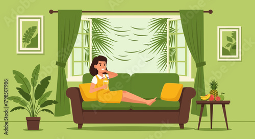 Relaxing afternoon at home with a refreshing tropical beverage on the sofa