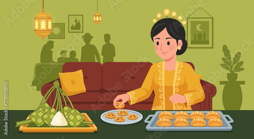 Festive celebrations: Woman in kebaya preparing treats for Eid al-Fitr family gathering