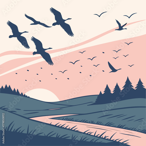 Geese Flying Over Rolling Hills and River at Sunset Keywords: geese, birds, flying, migration
