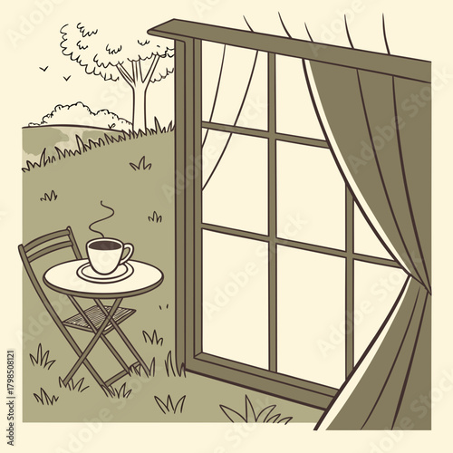 Outdoor Coffee Table and Chair by Window with Garden View vector illustration