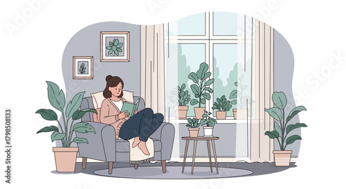 Cozy indoor relaxation scene: Woman reading in armchair surrounded by houseplants