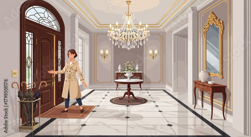 Elegant Home Interior with Woman Entering, a Depiction of Opulent Design