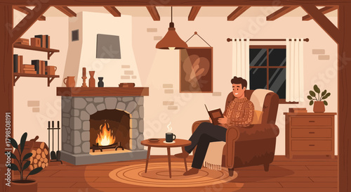 Serene solitude: A tranquil scene of a man immersed in reading near a cozy fireplace
