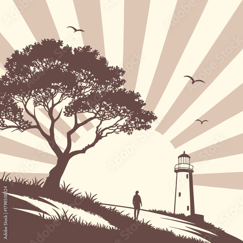 Silhouette of a lone person walking towards a lighthouse on a grassy hill coast ocean