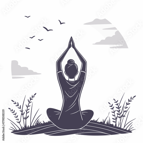 Silhouette of a woman meditating in a lotus pose outdoors with birds and clouds yoga
