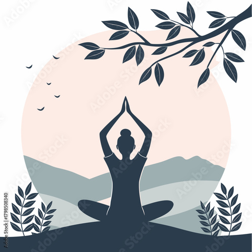 Silhouette of a woman meditating outdoors with mountains, trees, and a sunset sky