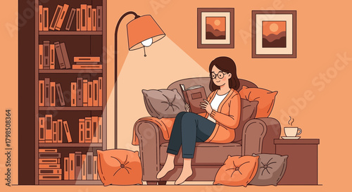 Woman immersed in literature, enjoying quiet time at home with a book