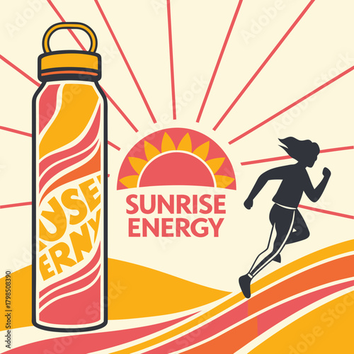 Woman running with water bottle and sunrise energy graphic silhouette