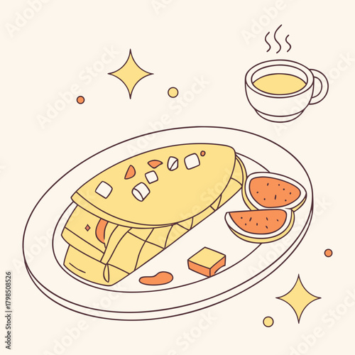Cartoon Breakfast Scene with Omelette Coffee and Fruit food