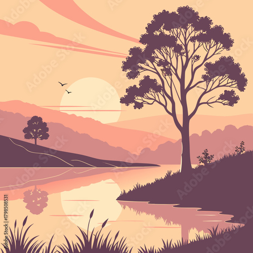 Tranquil Lakeside Landscape with Silhouetted Tree at Sunset river water