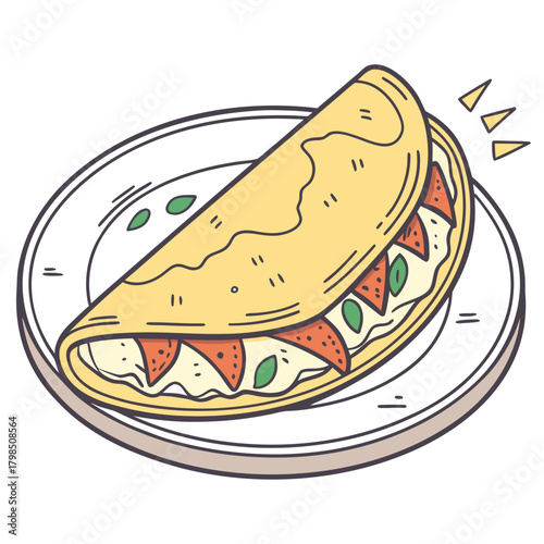 Cartoon Illustration of a Folded Omelette on a White Plate food breakfast