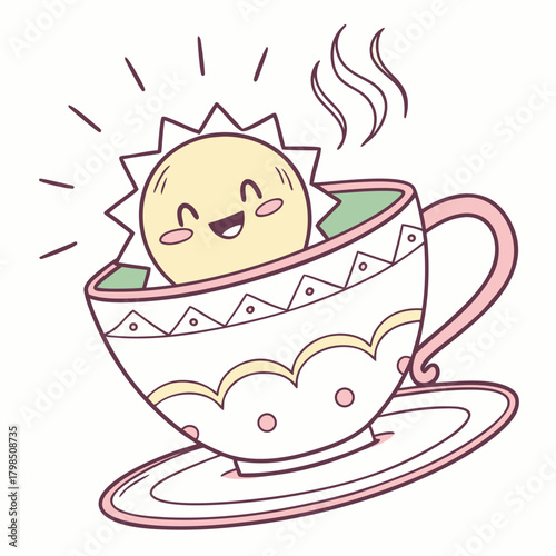 Cute Sun Character in a Coffee Cup with Steam teacup