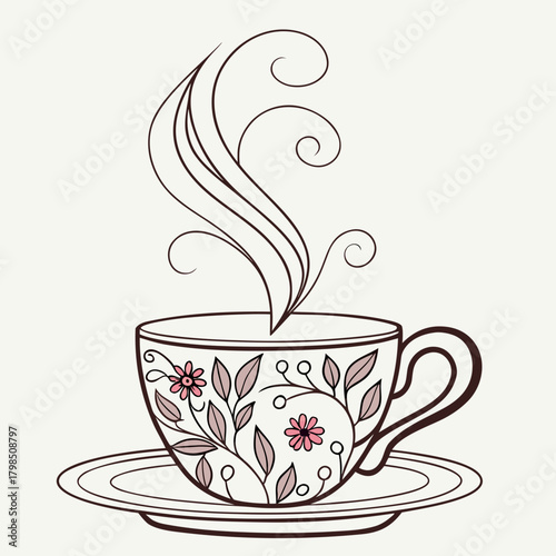 Decorative Teacup with Floral Design and Swirling Steam Keywords: tea, coffee, cup, teacup