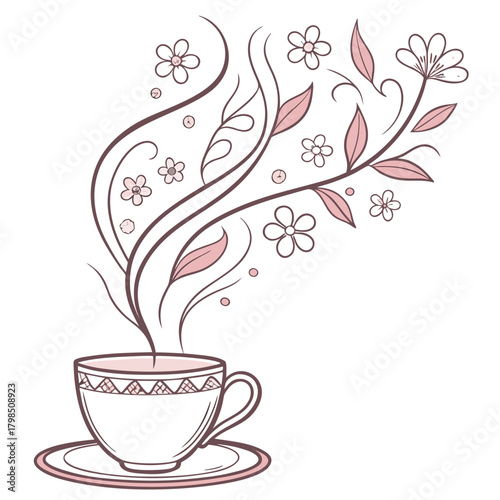 Whimsical Teacup with Floral Steam and Decorative Pattern Keywords: tea, coffee, cup, teacup