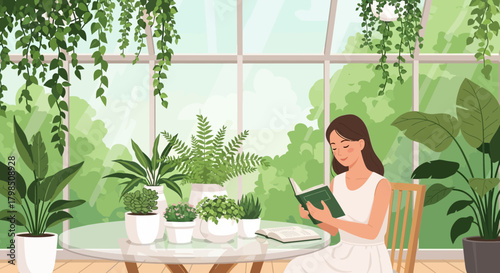 Woman enjoys reading in a peaceful sunroom filled with thriving houseplants