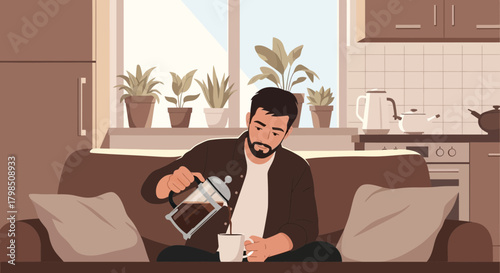 Man pouring coffee from a French press at home, creating a cozy atmosphere