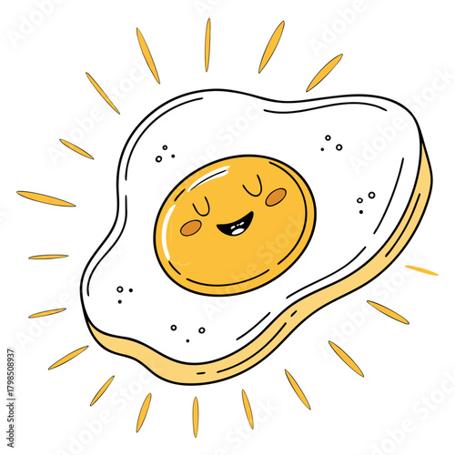 Cheerful Fried Egg Character with Sun Rays cartoon happy