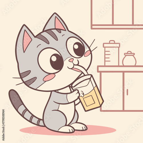 Gray Cat Drinking Juice From Carton with Straw in Kitchen kitten