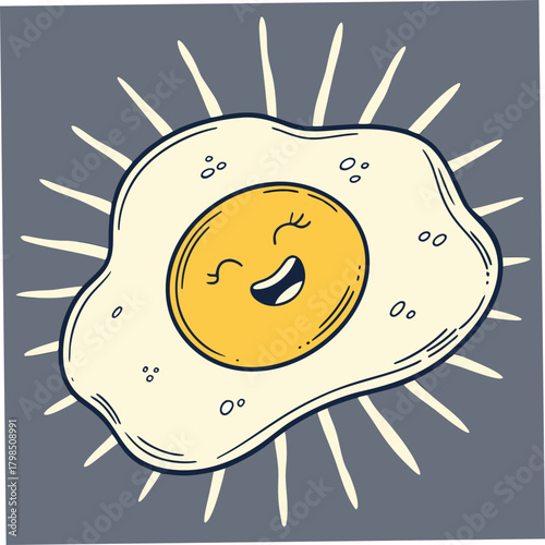 Happy Fried Egg with Sunburst on Gray Background cartoon character