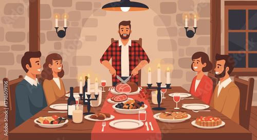 Festive family gathering at Thanksgiving dinner with father carving the meat