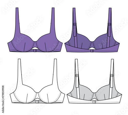 Padded bra front and back view flat sketch vector mockup template.