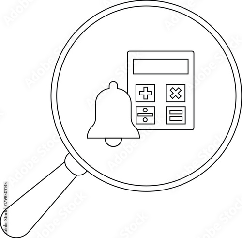 Outline image bell and calculator inside magnifying glass