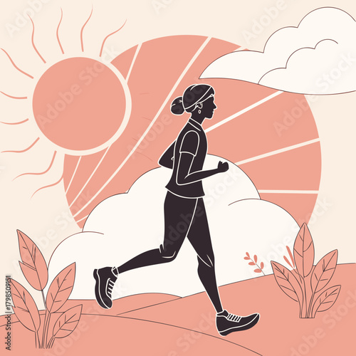Silhouette Of Woman Jogging At Sunrise With Sun And Clouds running exercise