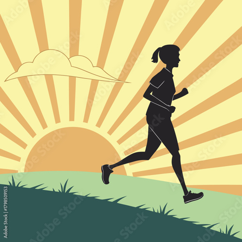 Silhouette of a Woman Running at Sunrise with Sun Rays and Clouds vector illustration