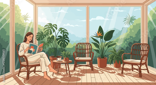 Serene reading moment in sunlit conservatory filled with tropical plants and scenic views