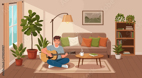 Serene Harmony: A Musician's Leisurely Moment in a Cozy, Plant-Filled Living Room