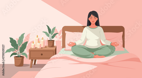 Serene bedroom scene featuring a woman meditating amidst soothing elements