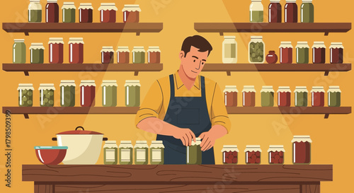 Man preparing homemade canned goods in a pantry, displaying various jars on shelves