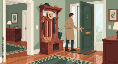 Stylish entryway scene featuring a man entering the house with modern decorations
