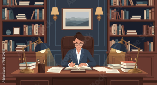 Elegant illustration of a woman writing at a desk with a bookshelf backdrop