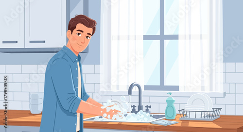 Illustration of a man doing dishes in a kitchen with a bright, clean aesthetic