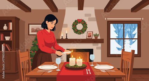 Serene holiday ambiance, a woman prepares a festive candlelit Christmas dinner