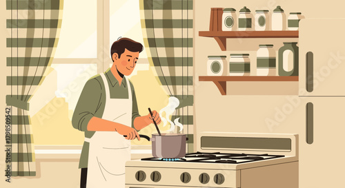 The cheerful cook prepares a family recipe at home near the window