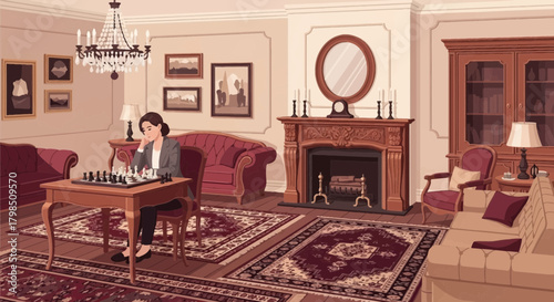 Contemplative chess player in vintage interior showcasing intellectual pursuit