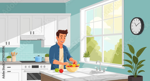 A Vibrant Morning: Man Prepares Fresh Fruit in Sunlit Modern Kitchen Space