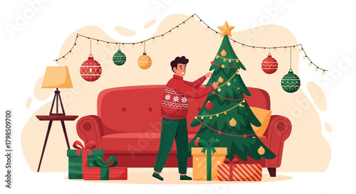 Cozy christmas preparation with a cheerful man decorating a fir tree