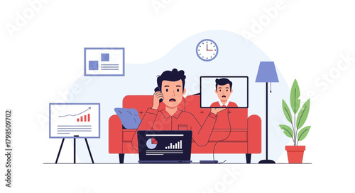 Busy professional juggling remote work and communication in a vibrant scene