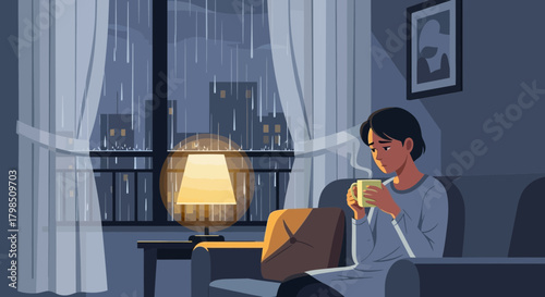 Melancholic evening scene of a person drinking a hot beverage indoors during rain