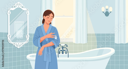 Woman in Bathrobe Applying Lotion, Creating an Atmosphere of Serenity