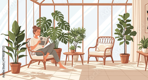Elegant sunroom retreat featuring a woman reading surrounded by lush greenery