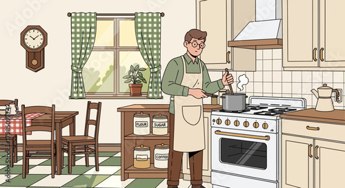Man Cooking in a Cozy Kitchen with Vintage Appliances and Warm Interior Design