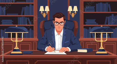 Formal depiction of an attorney completing legal documentation at his desk