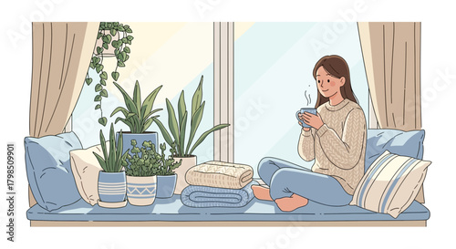 Serene morning scene of a woman enjoying coffee by the window with plants